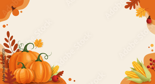 Celebrate autumn's harvest with this vibrant Thanksgiving background featuring pumpkins, corn, and fall leaves, perfect for seasonal promotions and festive designs