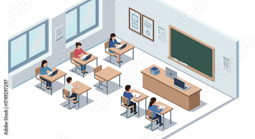 Isometric classroom design with students learning in modern school setting