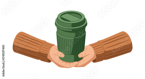 Hands holding reusable coffee cup in cozy sweater sleeves