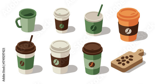Variety of coffee takeaway cups and cutting board with beans in modern isometric design