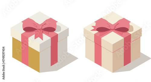 Isometric gift boxes with pink ribbons: festive holiday package design