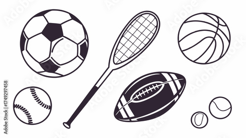 Outline Vector Sports Balls Collection Soccer Basketball Football Baseball Tennis Racket Athletic Equipment Icons for Game and Fitness Marketing