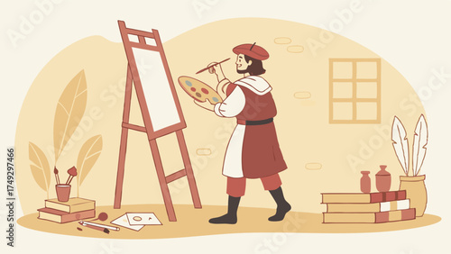 Focused Male Artist Painting on Easel Holding Palette Historical Fine Art Creation and Creative Process Illustration