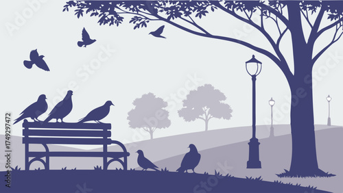 Peaceful Urban Park Silhouette Vector Illustration Pigeons Resting on Bench and Flying Birds Tranquil Nature Scene Background Graphic Design