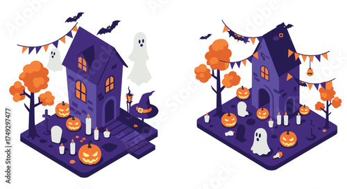 Spooky halloween isometric scene with haunted house, ghosts, pumpkins, and autumn trees