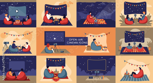 A grid of twelve distinct illustrations depicting outdoor cinema setups with people on bean bags