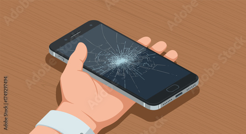 Broken smartphone screen in hand on wooden table background