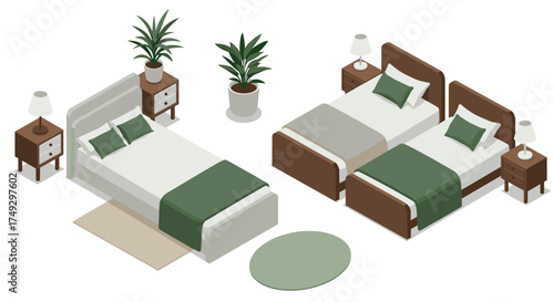 Modern isometric bedroom design with twin and double beds