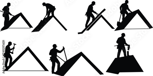 Construction workers on rooftops silhouette sequence, roofing labor vector illustration, hammering measuring installing materials, industrial building process design for stock content