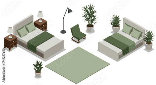 Modern isometric bedroom design with twin beds and green accents