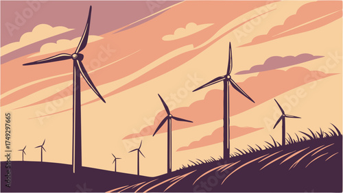 Wind Power Generation Landscape Illustration Renewable Energy Source for Sustainable Future and Clean Electricity Production