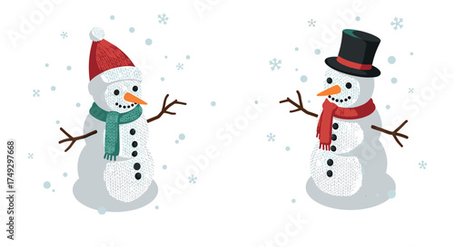 Festive snowman pair with hats and scarves in winter wonderland