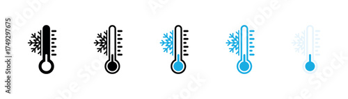 Low temperature indicators set. Freezing point and winter cold symbols in blue and black colors. Vector illustration isolated on white background.