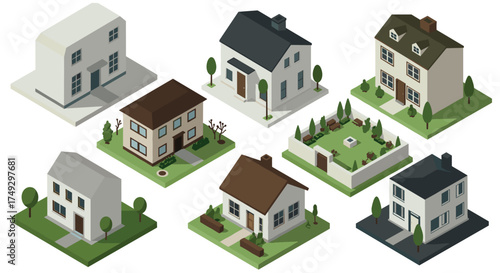 Isometric urban homes collection with various architectures and landscapes