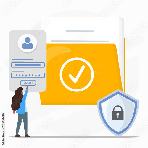 Secure login process to personal folder with user authentication, password protection, verification checkmark, and data privacy shield.