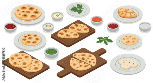 Assorted indian flatbreads and dips on plates and boards