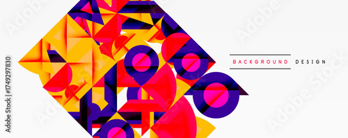 Abstract geometric shapes, vibrant colors, dynamic composition. Modern design elements create bold visual impact.