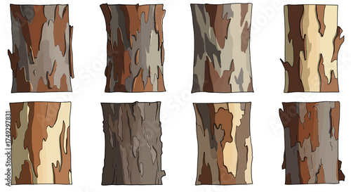 Eight isolated sections of multicolored patterned tree bark textures