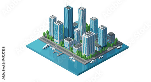 Modern isometric cityscape with skyscrapers and waterfront view