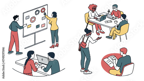 Focused Diverse Team Collaboration Planning New Business Strategy and Learning Development Tasks Flat Illustration