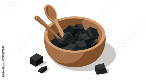 Wooden bowl with activated charcoal cubes and wooden spoons in isometric style