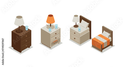 Isometric bedroom furniture set with lamps and bedding in neutral colors