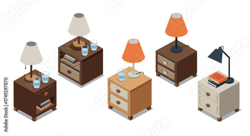 Isometric nightstands with lamps and books collection in various designs