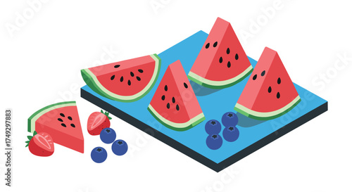 Isometric summer fruit platter with watermelon slices and berries