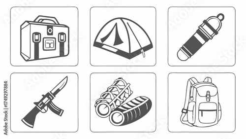 Essential Survival Gear Icons for Camping Hiking Adventure Travel and Outdoor Emergency Preparedness Illustration