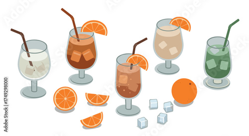 Colorful mixed drinks with sliced oranges on white background