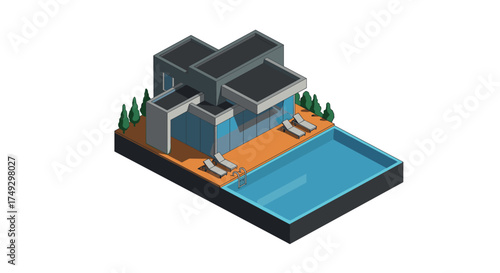 Modern isometric villa with pool and sun loungers surrounded by greenery