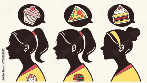 Young Women Silhouettes Thinking About Sweet Cupcakes and Pizza for Diet Planning or Junk Food Cravings Illustration