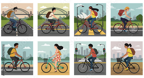 Eight panels showing diverse people cycling in various urban and landmark settings