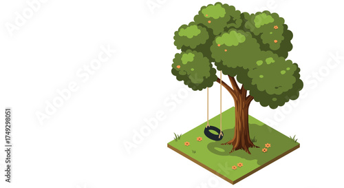 Isometric tree with tire swing on a sunny green lawn with flowers