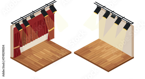 Isometric theater stage with curtains and spotlights set on wooden floor