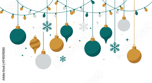 Festive christmas ornaments and snowflakes hanging in a whimsical holiday design
