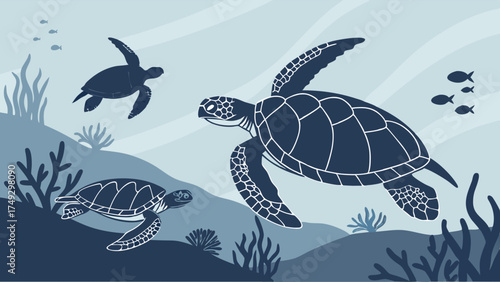 Three Sea Turtles Swimming Underwater Ocean Scene for Marine Conservation Ecology Website Background Design