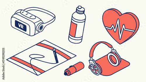 Isometric Fitness Tech Icons for Health App Design VR Headset Yoga Mat Heart Rate Monitor Workout Gear Website Banner