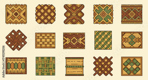 Fifteen distinct stylized patterns resembling woven wood or wicker textures