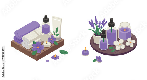 Relaxing spa set with essential oils, candles, and lavender flowers in isometric style