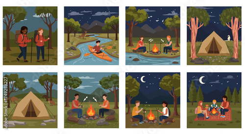 Eight scenes depicting diverse outdoor camping and hiking activities in natural settings