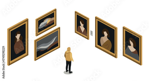 Isometric art gallery: exploring classic and modern portraits in a minimalist space
