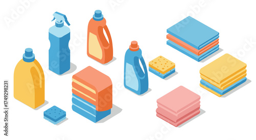 Isometric cleaning supplies and colorful towels on white background