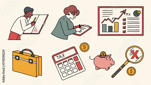 Tax Preparation and Accounting Icons Set Focused on Financial Planning Auditing Savings and Growth for Professionals