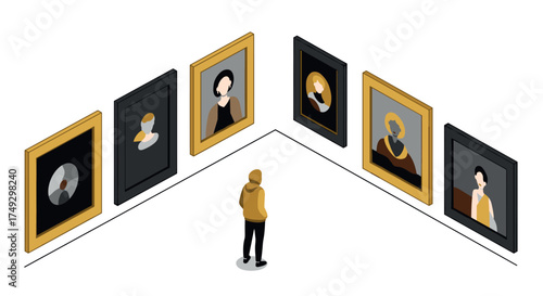 Isometric art gallery with person viewing minimalist portraits in modern museum