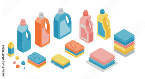 Colorful isometric cleaning supplies with bottles, sponges, and brushes