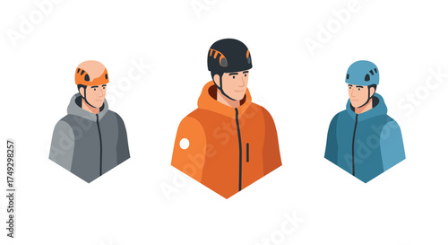 Outdoor enthusiasts in colorful isometric style helmets and hoodies