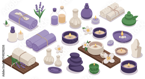 Isometric spa set with aromatherapy, candles, and natural elements