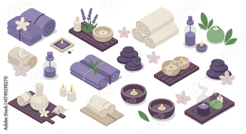 Tranquil spa essentials with aromatic candles, lavender, and rolled towels in a relaxing flat design