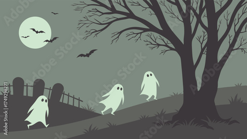 Spooky Halloween Night Scene with Cute Ghosts Haunting Graveyard Under Full Moon for Holiday Promotions and Party Invitations